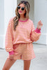 Yellow Stripe Color Block Trim Round Neck Long Sleeve Top Casual Shorts 2pcs Set