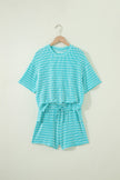 Rose Stripe Raised Rib Loose Tee Drawstring Elastic Waist 2pcs Short Set