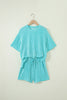 Rose Stripe Raised Rib Loose Tee Drawstring Elastic Waist 2pcs Short Set