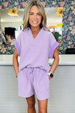 Sky Blue Striped Dolman Sleeve Pullover and Drawstring Shorts Set