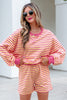 Yellow Stripe Color Block Trim Round Neck Long Sleeve Top Casual Shorts 2pcs Set