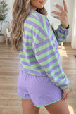 Purple Stripe Half Button Long Sleeve Top Mix and Match Shorts 2pcs Set