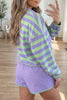 Purple Stripe Half Button Long Sleeve Top Mix and Match Shorts 2pcs Set