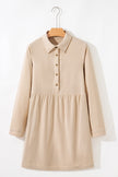 Black Corduroy Half Button Collared Long Sleeve Mini Dress