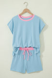 Sachet Pink Soft Ribbed Color Block Trim Casual Short Set