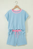 Sachet Pink Soft Ribbed Color Block Trim Casual Short Set