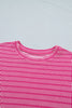 Rose Stripe Raised Rib Loose Tee Drawstring Elastic Waist 2pcs Short Set
