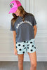 Beige Polka Dot Print Drop Shoulder Pullover Drawstring Shorts Set