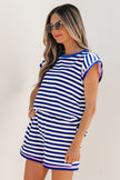Blue Stripe Contrast Trim Cap Sleeve Top Casual Shorts 2pcs Set