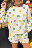 Beige Polka Dot Print Drop Shoulder Pullover Drawstring Shorts Set
