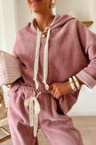 Dark Khaki Drawstring Pullover Hoodie and High Waist Pants Corduroy Suit