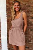Smoke Gray Mineral Wash U Neck Elastic Waist Sleeveless Mini Dress