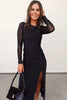 Black Sheer Mesh Long Sleeve Twisted Knot Side Slit Midi Dress