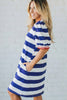 Blue Stripe Contrast Trim Round Neck Short Puff Sleeve Shift Mini Dress