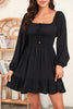 Black Solid Color Long Sleeve Shirred Drawstring Ruffle Mini Dress