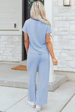 Rose Stripe Crew Neck Tee Drawstring Waist Cropped Pants Set