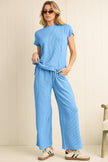 Bright Pink Solid Corded Short Sleeve T Shirt and Wide Leg Pants Set