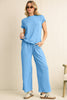 Bright Pink Solid Corded Short Sleeve T Shirt and Wide Leg Pants Set