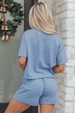 Sky Blue Solid Color Contrast Textured Patchwork Raw Edge 2pcs Short Set