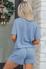 Sky Blue Solid Color Contrast Textured Patchwork Raw Edge 2pcs Short Set