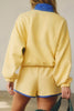 Navy Blue Colorblock Patchwork Half Button Pullover and Shorts Outfit
