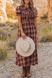 Red Vintage Plaid Knot Front Smocked High Waist Midi Dress
