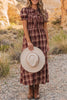 Red Vintage Plaid Knot Front Smocked High Waist Midi Dress