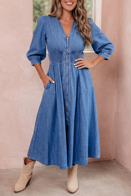 Blue V Neck Shirred Waist Metal Zipper Denim Midi Dress