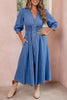 Blue V Neck Shirred Waist Metal Zipper Denim Midi Dress