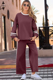 Mineral Red Varsity Stripe Patchwork Puff Sleeve Pullover Drawstring Wide Leg Pant Set