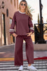 Mineral Red Varsity Stripe Patchwork Puff Sleeve Pullover Drawstring Wide Leg Pant Set