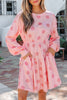 Pink Polka Dot Printed Long Sleeve Flared Mini Dress