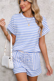Pink Striped Print Short Sleeve Top and Pocket Shorts Set