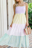 Multicolour Striped Colorblock Adjustable Strap Scalloped Detail Long Dress
