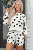 Beige Polka Dot Print Drop Shoulder Pullover Drawstring Shorts Set
