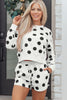 Beige Polka Dot Print Drop Shoulder Pullover Drawstring Shorts Set