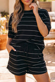Black Stripe Half Sleeve Tee Drawstring Shorts 2pcs Set