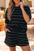 Black Stripe Half Sleeve Tee Drawstring Shorts 2pcs Set