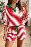 Red Stripe Colorblock Trim Polo Collar Drawstring Elastic Waist Band Casual 2pcs Outfit
