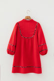 Fiery Red Textured V Neck Leopard Contrasted Trim Long Sleeve Shift Mini Dress