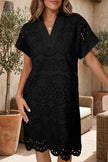 Rose Red Solid Color Eyelet Embroidered T Shirt Mini Dress
