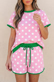 Pink Polka Dot Contrast Edge Casual Short Set