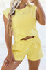 Yellow Cream Solid Short Sleeve Elastic Waist Pocket Casual Two Piece Short Set