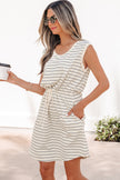 Beige Stripe Drawstring Tunic Tank Mini Dress with Pockets