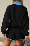 Navy Blue Colorblock Patchwork Half Button Pullover and Shorts Outfit