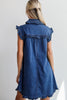 Sail Blue Ruffled Edge Collared Shift Denim Dress with Pockets