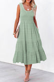 Black Shirred Pleated Square Neck Sleeveless Midi Dress