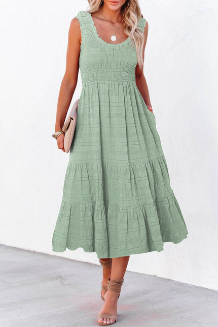Black Shirred Pleated Square Neck Sleeveless Midi Dress