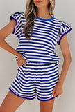 Blue Stripe Contrast Trim Cap Sleeve Top Casual Shorts 2pcs Set
