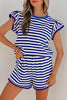 Blue Stripe Contrast Trim Cap Sleeve Top Casual Shorts 2pcs Set